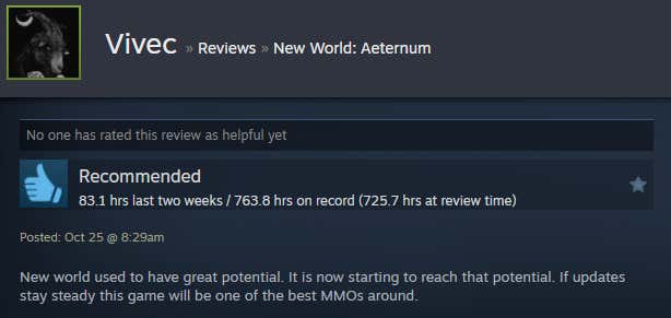 Image of the article titled New World: Eternal, as described in a Steam review